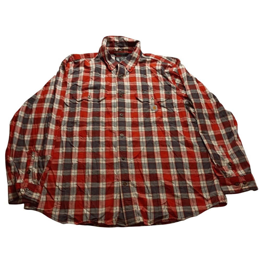 Carhartt Plaid Shirt Men's Loose Fit Button Down Red Grey Rugged Workwear XL